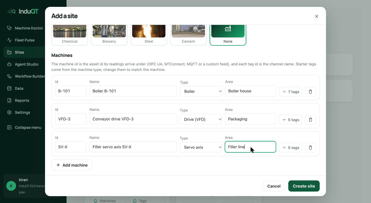 The Add a site form with three machines
