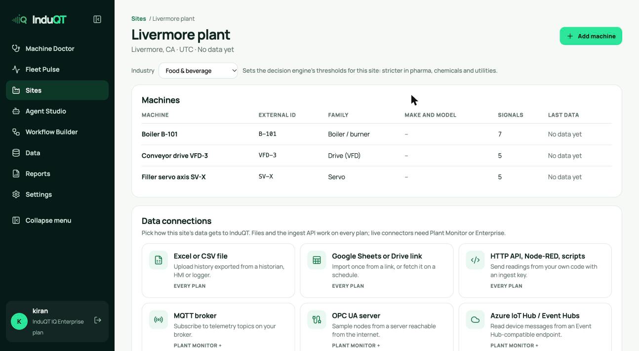 The Data sources page listing machines and the ways to connect data