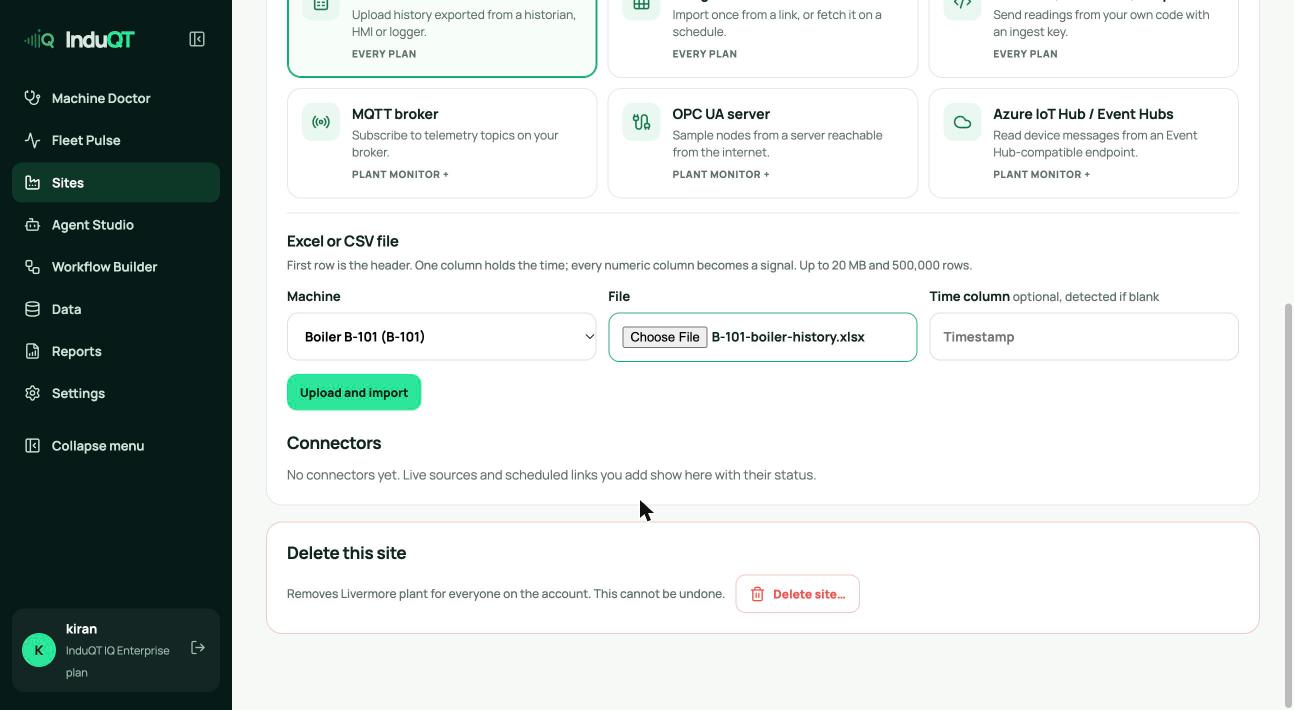 The Excel or CSV upload form with the boiler selected