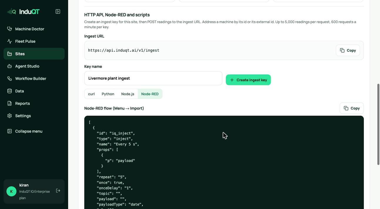 The ingest URL, key name and the Node-RED flow to import