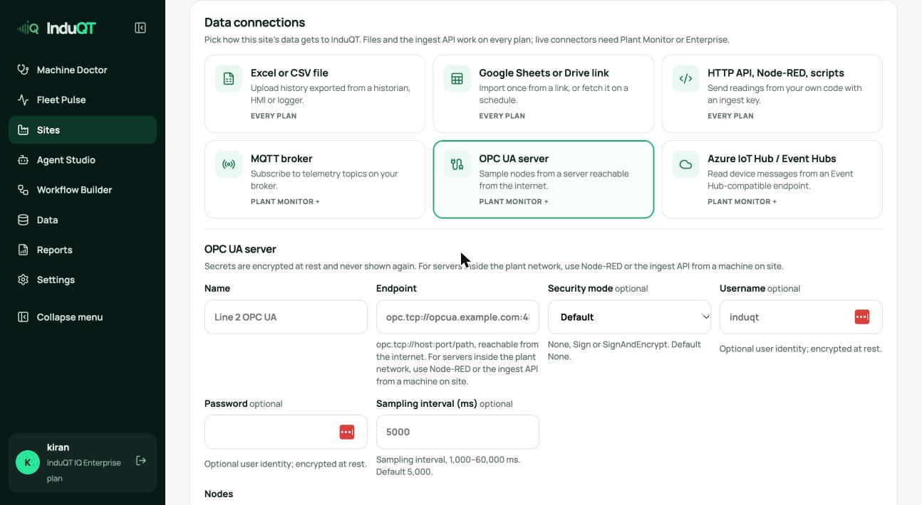OPC UA connector form: name, endpoint, security, credentials and sampling interval