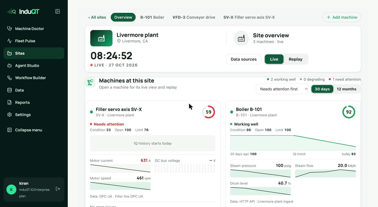 Site live view with machine cards