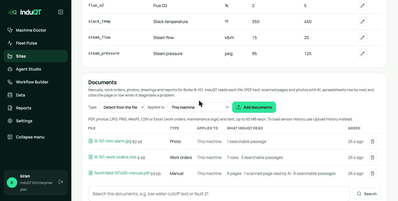 Indexed documents: pages, a scanned page read by AI, rows and passages
