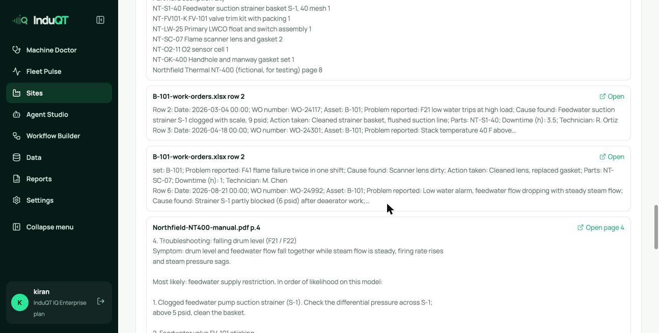 Search results from the scanned parts list, work orders and the troubleshooting page
